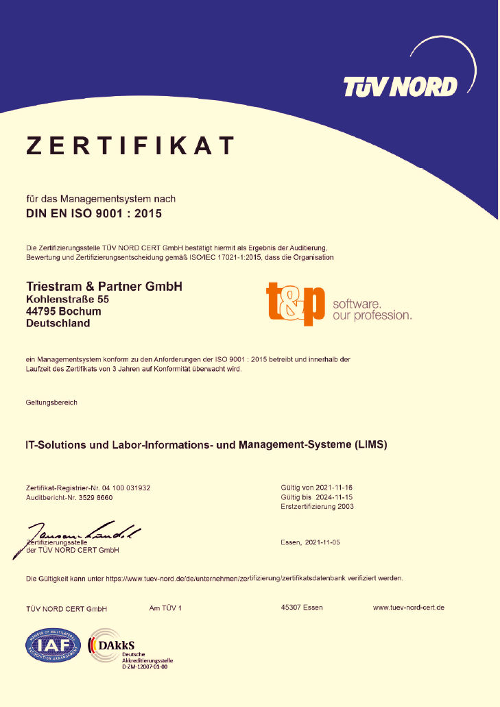 DIN EN ISO 9001 : 2015 Zertifikat für t&p
